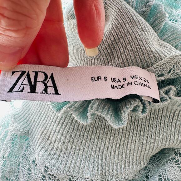 ZARA Aqua Crochet Knit White Lace Stripe Ruffle Neck Crop Sweater S - Picture 12 of 16